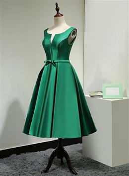 Picture of Green Satin Tea Length Bridesmaid Dresses, Lovely Green Homecoming Dresses